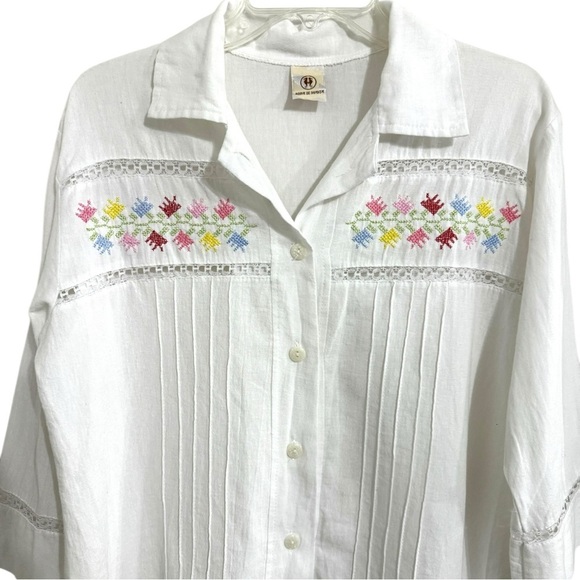 Hand Embroidered Mexican Manta Cotton Blouse Shirt Top Wmn’s Size M L White Boho - Picture 3 of 9
